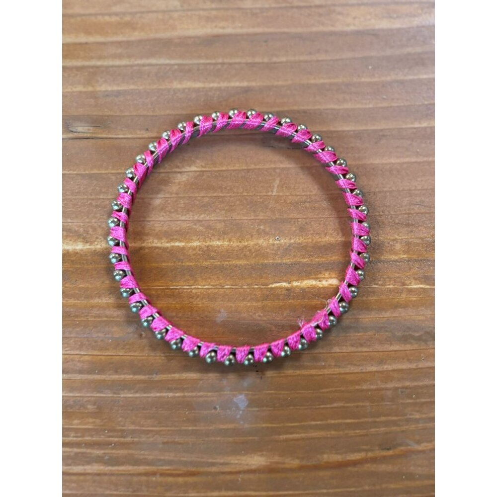 Hot Pink Woven Bangles With Silver Bead Accents - Picture 3 of 5